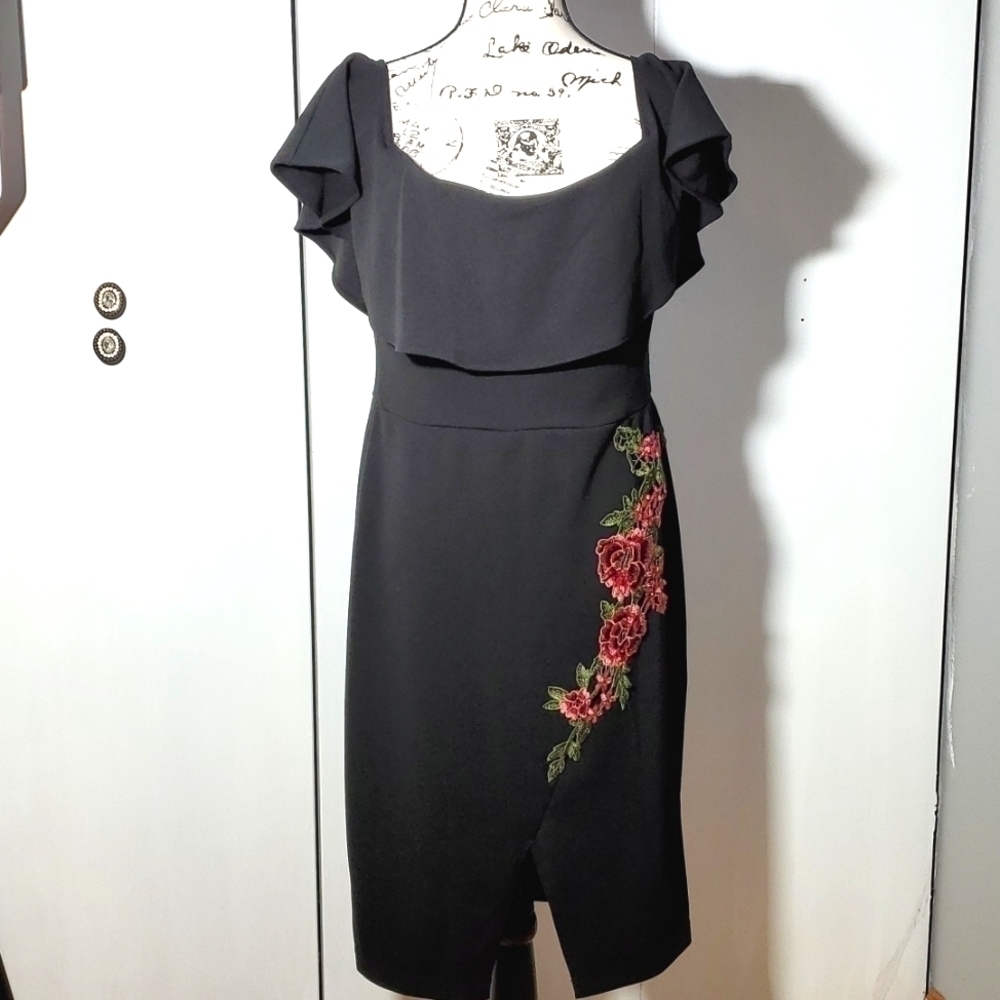 Bisou Bisou |  Black Midi Dress Cape Style Floral Accent Evening Careerwear Sz12